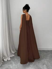 Elenzga 1件女士纯色吊带连衣裙，带褶皱细节，优雅无袖长款连衣裙，女士套装 - 咖啡棕 - 查看 2