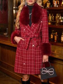 SHEIN Clasi 新年女士优雅格子大衣，饰有流苏边和双排扣，适合冬季穿着，圣诞节、新年、感恩节、派对、毕业典礼等场合，性感亮片红色格子大衣，优雅正式的亮片红色大衣 - 紅色 - 查看 7