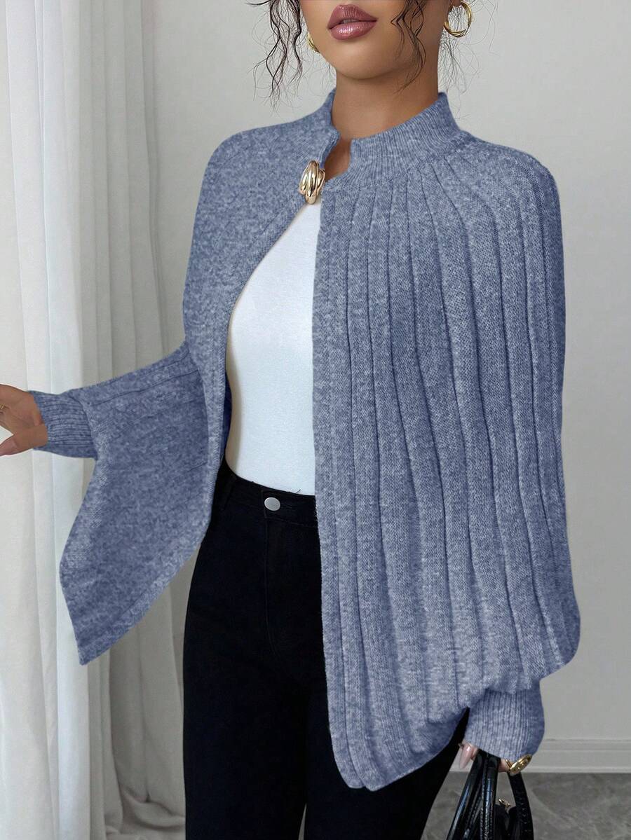 Elenzga Áo len cardigan dệt kim kiểu dáng quý cô thanh lịch, sang trọng, cao cấp, thiết kế nút kim loại hở xẻ tối giản dành cho nữ, mùa thu/đông - Màu xanh lam - Xem 1