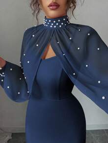 Elenzga New Elegant Mature Charm Evening Gown, Dignified & Gentle, Dreamy Pink, Hand-Beaded Long Sleeve Top, Graceful Mermaid Hem Bodycon Slip Dress Set - Royal Blue - View 3