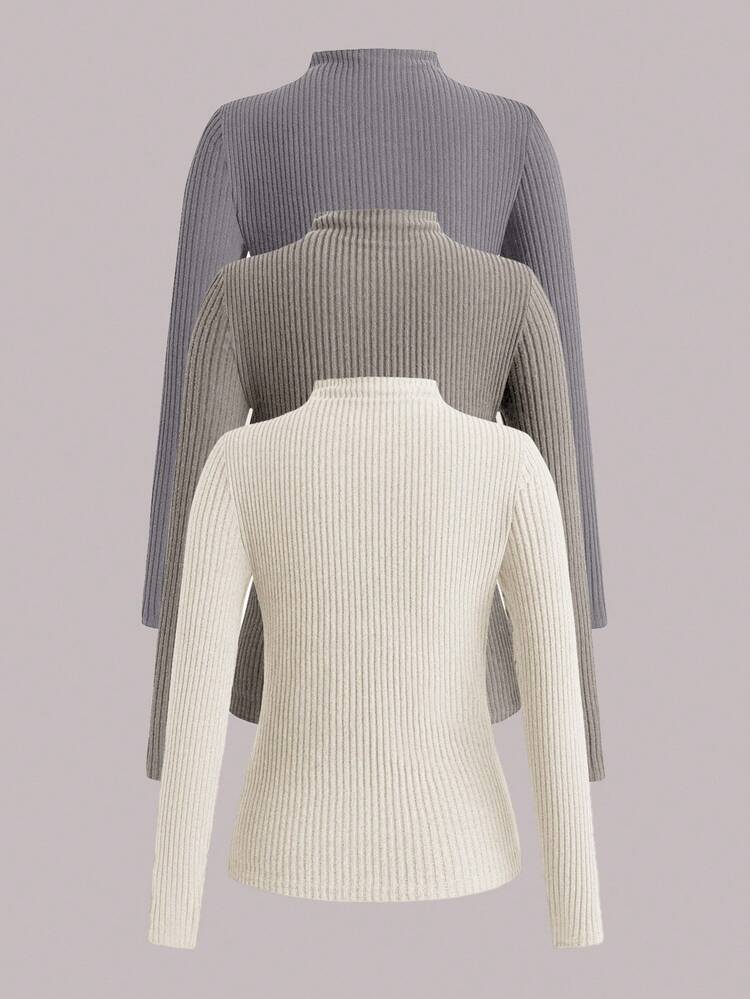 SHEIN LUNE 3件套纯色基础款修身舒适柔软T恤，休闲秋冬叠穿高领女式冬季上衣套头衫，秋季女装，休闲秋装 - 彩色 - 查看 2