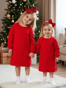 SHEIN 年轻女孩休闲纹理宽松圆领连衣裙，秋季 - 紅色 - 查看 10