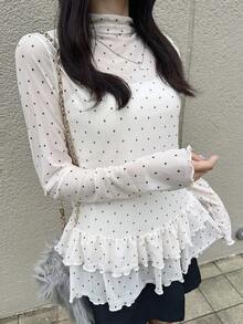 FRIFUL 女士波点网纱荷叶边下摆长袖上衣 春季款 - 白色 - 查看 4