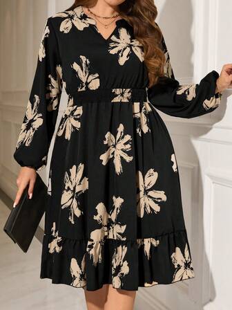 EMERY ROSE Plus Size Women's Elegant Party Casual Floral Print Dress, Autumn/Winter,Going Out Outfits,2025 New Clothes,Simple And Fashionable For Everyday Wear, Plus Size Winter Clothes,Christmas Outfit For Women ,New Year Clothes,Thanksgiving Outfit For Women, Black Floral Dress, Flower Dress Woman, Long Sleeve Dresses, Modest Dress For Women, Elegant Dress,Date Night Outfits Women,Flowy Dress