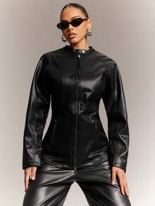 Hauture Women's Solid Color Minimalist Everyday Zip-Up Jacket - Black - View 1