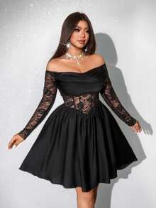 Viva Relle 大码女式垂褶领长袖缎面蕾丝拼接镂空中长A字黑色腰身连衣裙，优雅复古休闲派对鸡尾酒会礼服 - 黑色 - 查看 6