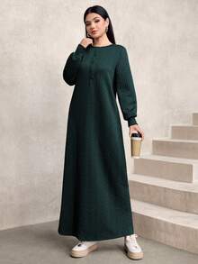 女士休闲纹理面料圆领宽松长款卫衣，绿色，秋冬 - 墨綠色 - 查看 5