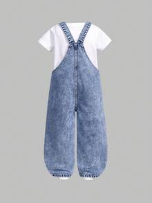 SHEIN ChillGRL 女童花朵、心形和彩虹涂鸦印花休闲舒适柔软牛仔连体裤