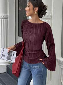 Elenzga Autumn/Winter Wide Round Neck Flare Sleeve Cinched Waist Pleated Shirt - Burgundy - View 4