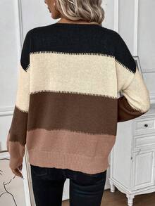 SHEIN LUNE Áo len dệt kim dáng rộng trễ vai màu tương phản, thường ngày đi làm cho nữ, mùa thu/đông - Màu Khaki - Xem 2