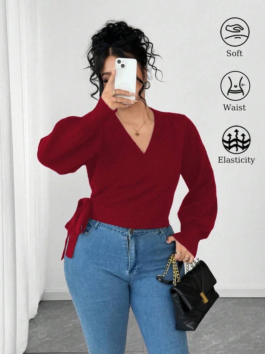 Elenzga Blogger-Inspired V-Neck Criss-Cross Tie Versatile Slim-Fit Cropped Cardigan, European & American Style - Red - View 1