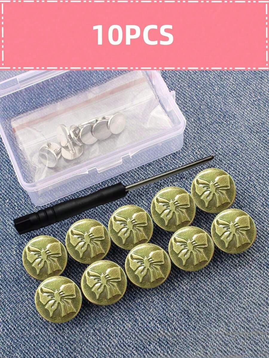 SHEIN 10Pcs/Box Bow  Pattern Adjustable Detachable Metal Jeans Buttons, No Sewing Required For Jeans, Pants, Clothing Accessories - Bronze - View 1