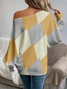EMERY ROSE Women's Casual Off Shoulder Fashionable Plaid Geometric Pattern Sweater, Suitable For Autumn/Winter - Multicolor - View 2