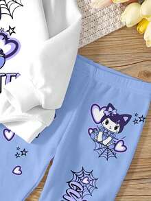 两件套女童休闲可爱经典兔子、爱心图案、娃娃印花圆领长袖卫衣和打底裤，适合秋冬季穿着 - 彩色 - 查看 5