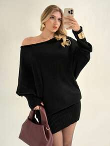 Auralis 大码女装秋冬时尚优雅宽松舒适保暖百搭黑色露肩长袖毛衣连衣裙，冬季连衣裙，秋季穿搭，女士冬装