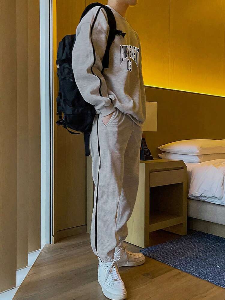 Men's Thick Letter Print Crew Neck Pullover Pullover Sweatshirt Sweatshirt Matched With Cuffed Pants Set, Grey, Autumn/Winter