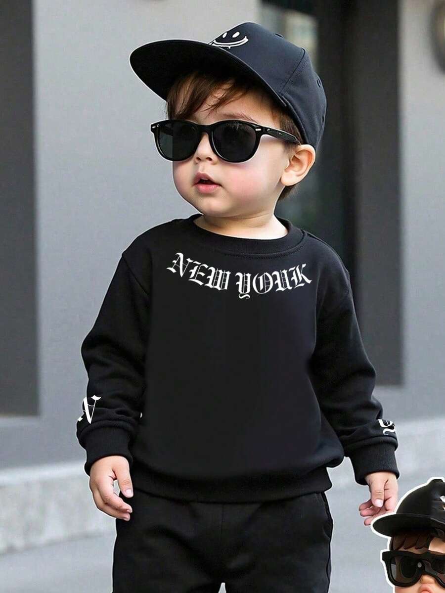 小男孩圆领长袖休闲百搭黑色套头衫套头运动衫 - 黑色 - 查看 1