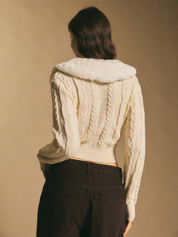 Poéselle Ivory Cable Knit Cropped Cardigan - Faux Fur Collar Button Up Sweater, Soft Cozy Knitwear For Women,New Autumn/Winter Fur Collar Slim Fit Cropped Retro Casual Cardigan For Women - Apricot - View 9
