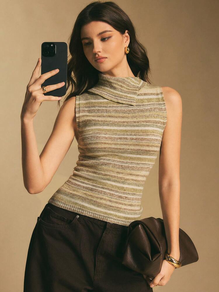 Poéselle Striped Sleeveless Knit Tank Top For Women - High Neck Y2K Fitted Pullover, Soft Minimalist Beige Green Summer Shirt,Women's Striped Minimalist Sleeveless Knit Top, Everyday Wear Earthy Tops Knit Tops Knit Top Women Cowl Neck Top - Green - View 7