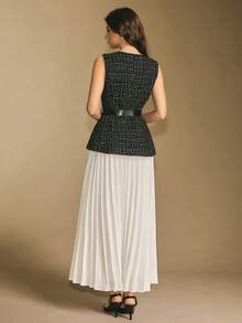 Poéselle Women's Plaid Pattern Sleeveless Button-Up Buckle Belted Vest And Pleated Skirt Suit Set, Office/Commute, Elegant Women's Set,Black Tweed Fabric With Gold Thread Accents, Super-Value Three-Piece Outfit,Luxurious And Elegant,Christmas Party,Luxury Evening Dresses,New Year Outfit ,Suitable For Daily Wear, Party,Going Out, Commuting,Fall/Winter