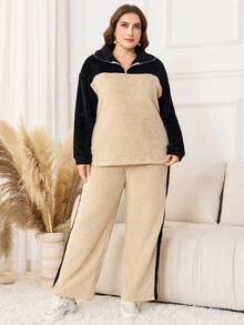 Lacomfia 2pcs/Set Women Plus Size Casual Crew Neck Textured Knit Loose Pullover, Suitable For Autumn/Winter - Multicolor - View 3