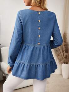 EMERY ROSE 女士休闲牛仔上衣，后背纽扣设计，圆领，长袖，荷叶边下摆 - 藍色 - 查看 1