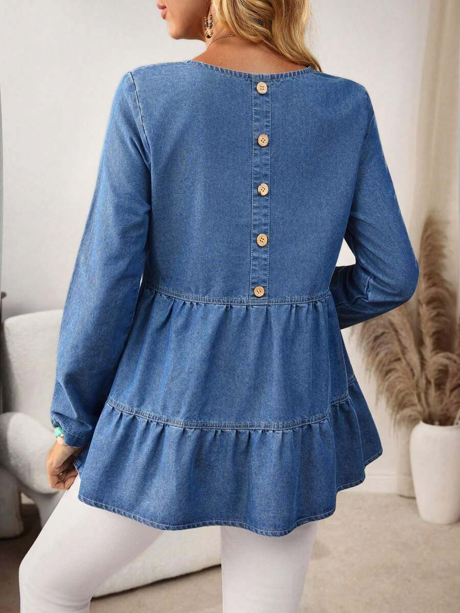 EMERY ROSE 女士休闲牛仔上衣，后背纽扣设计，圆领，长袖，荷叶边下摆 - 藍色 - 查看 1