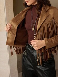 Wildy 秋冬流苏翻领落肩麂皮夹克