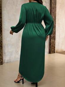 Roveilla 大码女士优雅简约纯色V领灯笼袖裹身裙，春秋季，圣诞节长款女装 - 墨綠色 - 查看 2