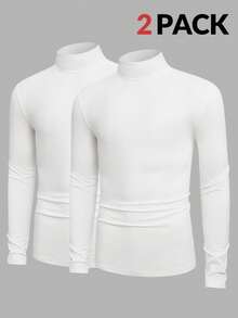 Manfinity VCAY 2 件装男士成熟休闲纯色修身立领长袖修身 T 恤 - 白色 - 查看 1