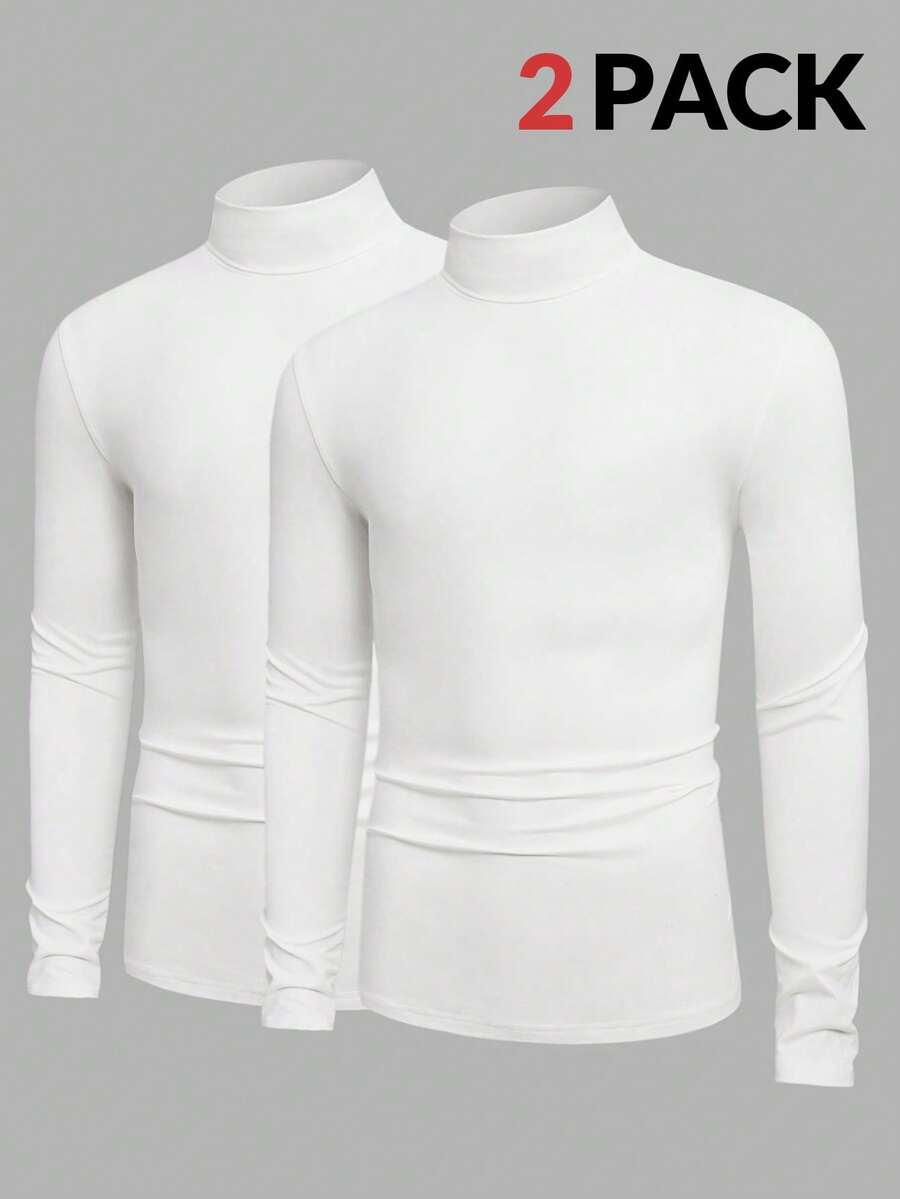 Manfinity VCAY 2 件装男士成熟休闲纯色修身立领长袖修身 T 恤 - 白色 - 查看 1