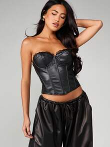 MISSGUIDED Áo corset giả da có viền ren, áo lót bó sát, không dây, dự tiệc, câu lạc bộ, trang trọng, thân áo có cấu trúc - màu đen - Xem 4