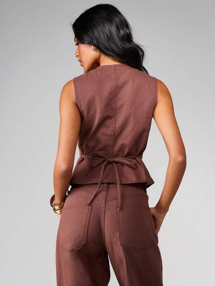 MISSGUIDED Button Front Sleeveless Denim Vest With Tie Belt Detail For Fall Autumn Layering