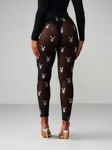 Missguided x Playboy 兔子图案印花紧身裤，全长弹力，适合节日派对和休闲穿着 - 黑色 - 查看 2