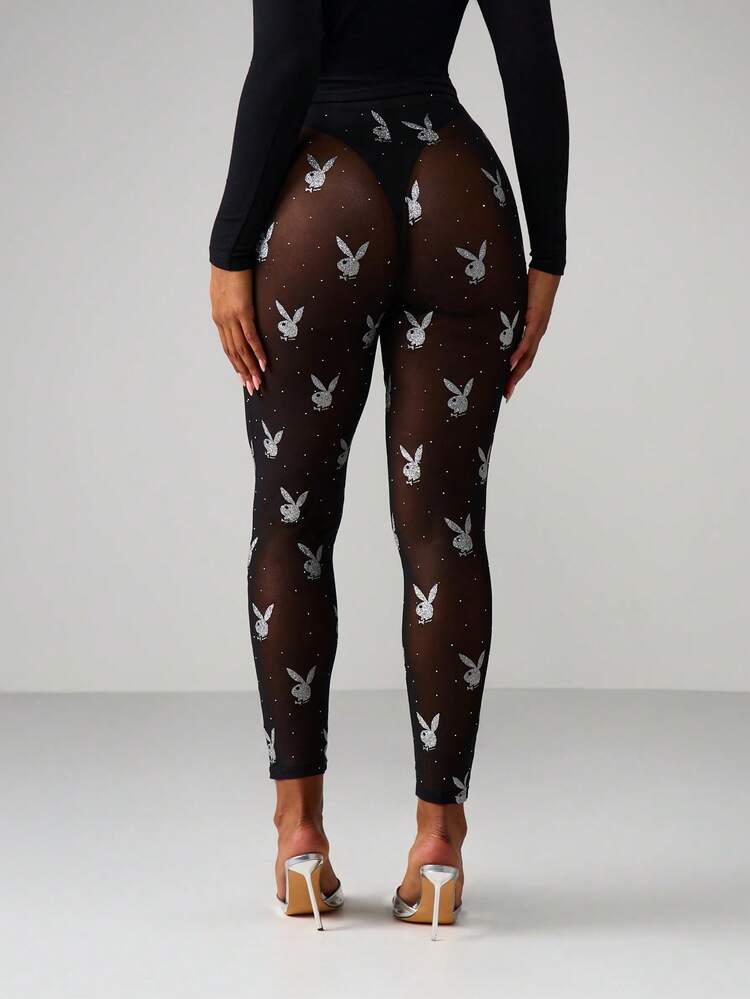Missguided x Playboy Bunny Logo Print Leggings Full Length Stretchy Festival Party Casual Wear