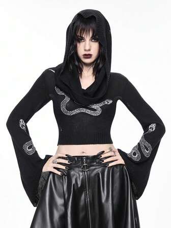 Goth Women's Gothic Mysterious Snake Embroidery Flare Sleeve Hooded Knit Pullover Top