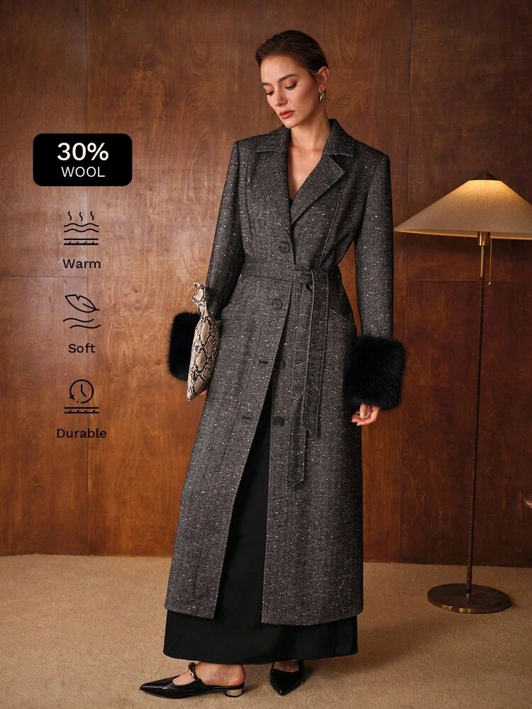 WOOL GRAY FAUX FUR PATCHWORK HERRINGBONE VINTAGE CASUAL OVERCOAT