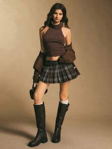 Poéselle Women's Black Plaid Pleated 2 In 1 Skort,Summer Retro Vintage 70s School Back-To-School Low Waist Patterned Print Casual Commuting Y2k Tennis Skirt - Coffee Brown - View 8