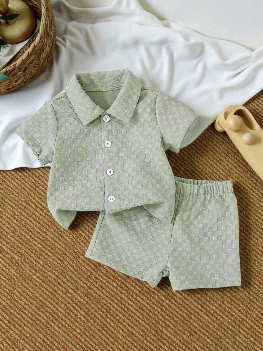 SHEIN Vintaside Kids 2 件装婴儿男童休闲日常百搭百搭纯色面料衬衫和短裤时尚街头时尚服装，适合户外活动和度假，春夏 - 薄荷綠 - 查看 1