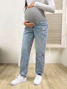 SHEIN Verstellbarer Bund, Umstandsjeans mit Rissen und lockerer Passform, lockerer Schnitt - Helle Waschung - Übersicht 3