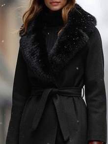 Balvessa Fuzzy Panel Belted Overcoat Fall Winter Cloth For Women - Black - View 4