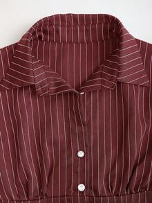 Sweetra Fashionable Contrast Color Textured Button Fitted Waist Flattering Striped Collar Long Sleeve Blouse For Women - Red - View 6