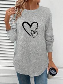 SHEIN LUNE Áo sweatshirt nữ cổ tròn, dáng bất đối xứng, lót giữ nhiệt, thoải mái, họa tiết trái tim, đa năng và thanh lịch, phù hợp mặc ngoài trời, phong cách thu đông, thường ngày. - Xám - Xem 5