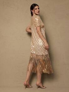 Freevana Plus Size Romantic Vintage Sequin Tassel Dress, Shiny Party Holiday New Year Dress - Champagne - View 2