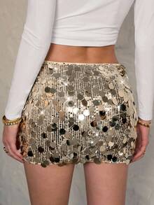 SHEIN Tall 女式闪亮迷你裙、女士派对、性感贴花、撞色亮片、拉链迷你常规剪裁低腰金色花朵、纯色女裙、春夏、派对/夜总会服装 - 金色 - 查看 2