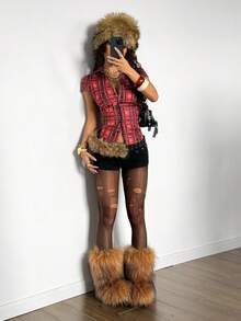 StreetHx Áo sơ mi tay lửng kẻ caro xanh dành cho nữ - Đỏ - Xem 6