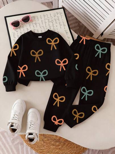 Genkimix Kids 一套女童可爱彩色蝴蝶结印花圆领卫衣和印花运动裤套装，秋冬季女童卫衣和裤子两件套休闲套装