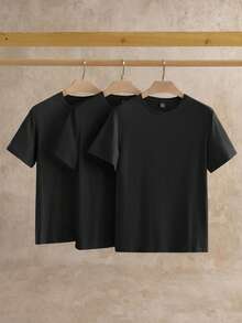 Manfinity NXTstreet Bộ 3 áo thun tay ngắn dệt kim màu trơn thường ngày cho nam, thích hợp mặc hàng ngày, áo cơ bản - màu đen - Xem 8