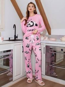 SweetSlumber Cute Panda Print Women's Pajama Set,Pink Comfortable Loungewear Sleeping Set For Fall & Winter Clothes - Multicolor - View 6