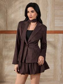 Modelyn Women's Autumn Fashion Elegant Ruched Waist Peplum Two Pieces Set - Brown - View 6